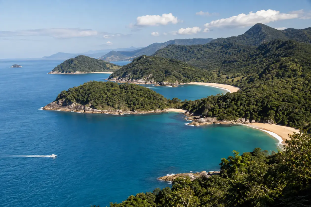 Costa con varias ensenadas y playas vista desde lo alto, con una lancha pasando